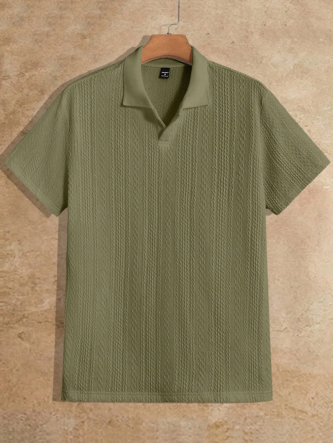 

Men's Olive Green Textured Knit Polo Shirt with Drop Shoulder and Turn-Down Collar