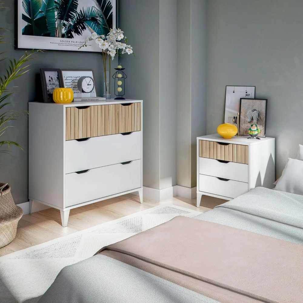 Mesita de Noche con 3 Cajones Mesilla de Noche Dormitorio Noite Blanco Artik y Roble Natur 44x50x33 سم #3