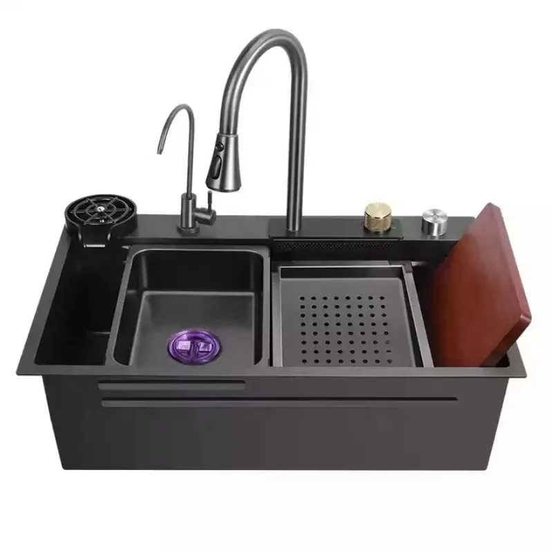 Luxury Kitchen Sinks Multifunctional Sink Modern Waterfall Rainfall Single Bowl Kitchen Sink Set Black 304 Stainless Steel China