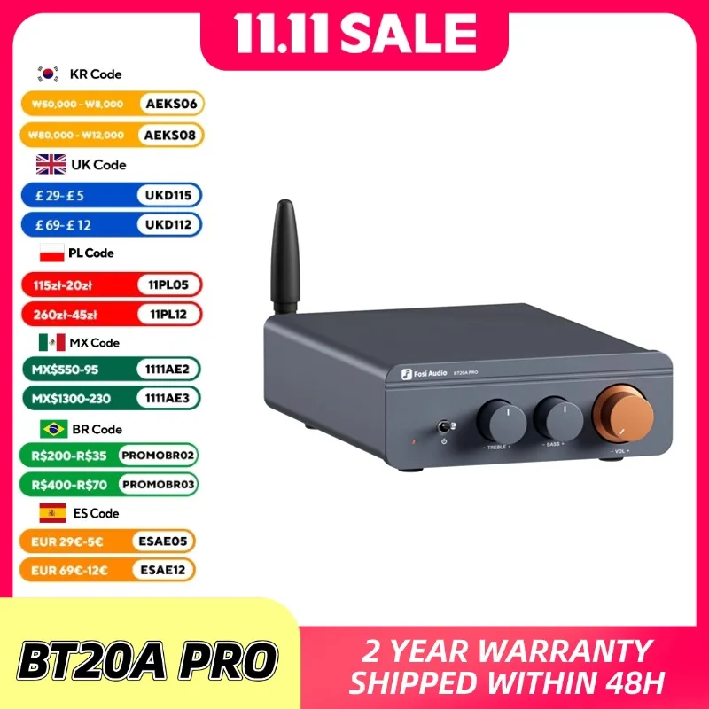 

Fosi Audio BT20A Pro TPA3255 Bluetooth Sound Power Amplifier 300W x2 Mini HiFi Stereo Class D Amp Bass Treble For Home Theater