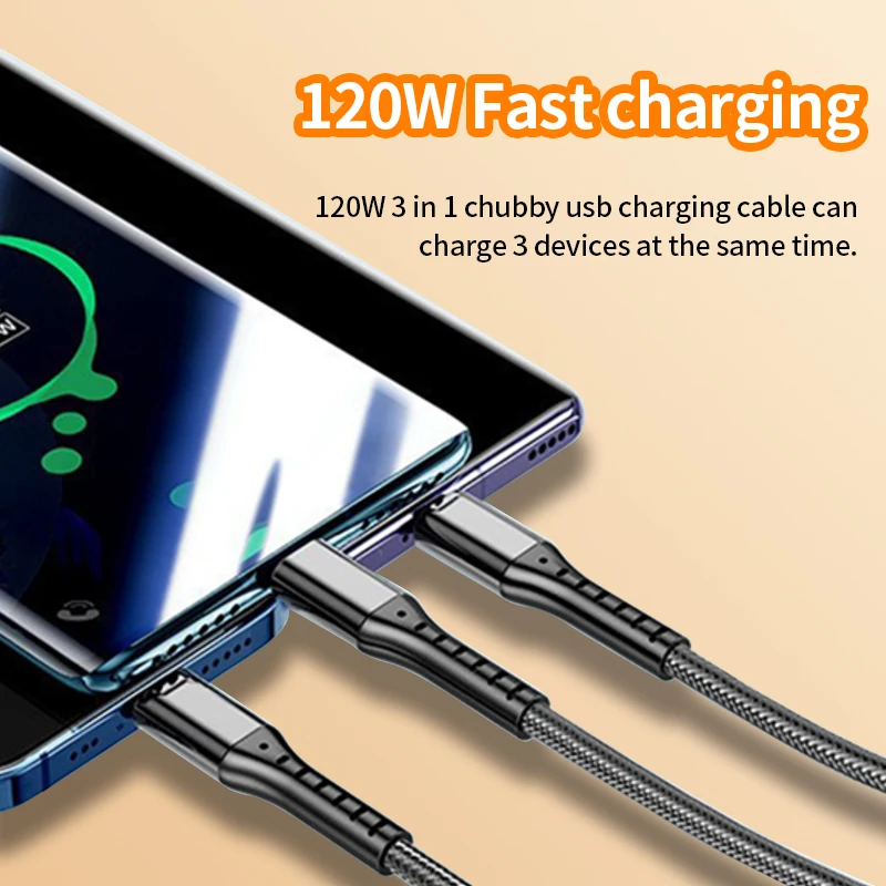 Cable de datos USB 3 en 1 de 120w, carga rápida Lightning Micro tipo C, línea de cargador para Iphone, Samsung, Huwei, Cable de teléfono móvil para coche