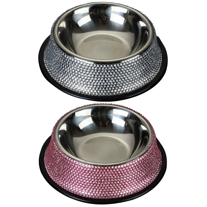 Stainless Steel Dog Bowl Pet Bowls Food Water Feeder with for Rhinestone Non-Skid Rubber Base 2 Colors for Pets Drop Shipping