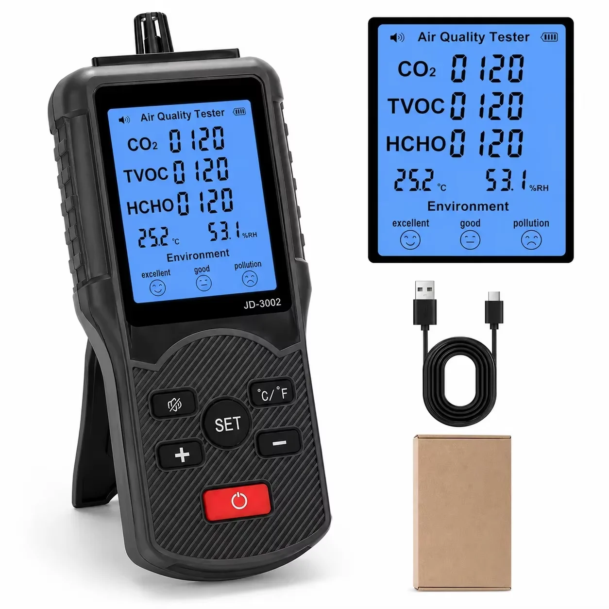 5-in-1 Air Quality Tester JD3002 CO2 PPM Meter VOC Detector with Real-time Temperature And Humidity Display Indoor Air Analyze