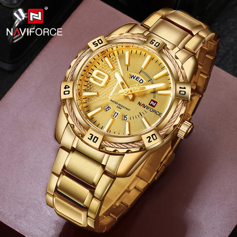 NAVIFORCE Top Luxury Brand Men's Quartz WristWatch Original Fashion Gold Watches For Men Waterproof Business Steel Clock Man