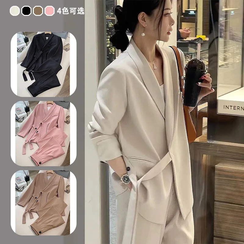 

Office Lady Blazer Belt Pant Suits Women's Pantsuit Korean Version Notched Baggy Pants Autumn Elegant Euality Chic Women Outfit