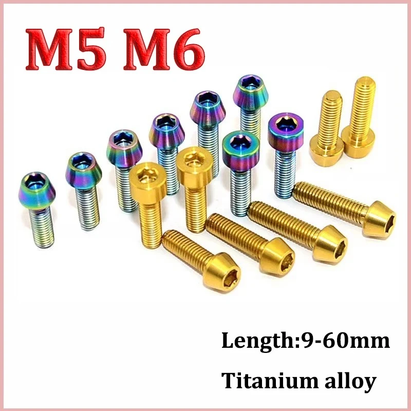 4Pcs Titanium Bolt M5 M6 x 9 10 15 16 18 20 25 30 35 40 45 50 55 60mm Allen Key Taper Head Bolt Screw For Bicycle Stem Seatpost