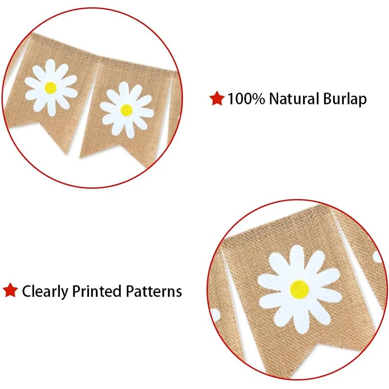 Jute-Sackleinen-Gänseblümchen-Banner, rustikale Girlande, Gänseblümchen-Blume für Frühling und Sommer, Mottoparty, Dekoration, Geschenk, Heimmantel, Kaminzubehör – Detail 4
