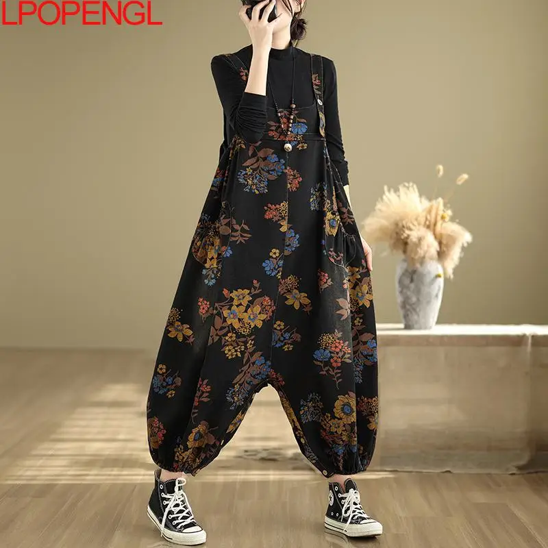 2025 New Spring And Autumn Women's Fashion Chinese Style Print Washed Denim Overalls Loose Casual Straight Oversized Jumpsuits