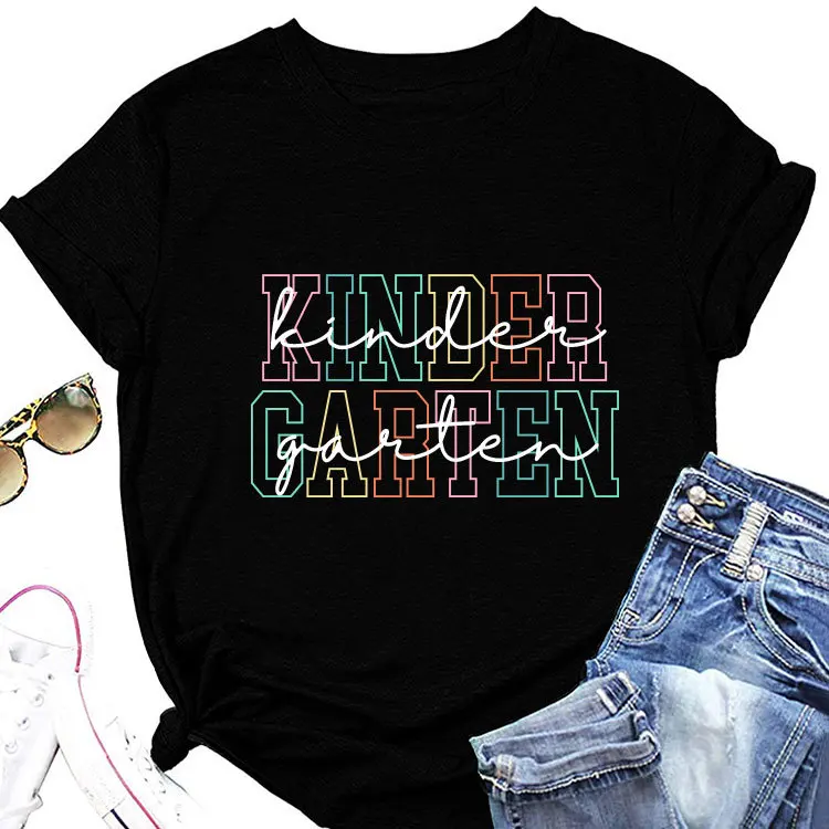 

Summer casual short sleeve T-shirt kinder kinder garten garten print loose fashion crewneck top