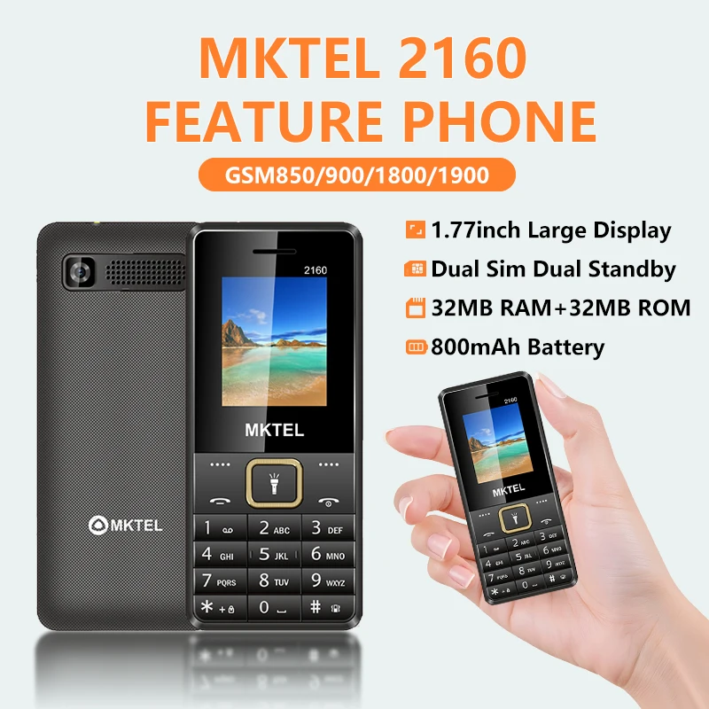 MKTEL 2160 2G Feature Phone Dual SIM 800 mAh1.77'' Large Keypad Mini Phone MP3 MP4 FM Radio