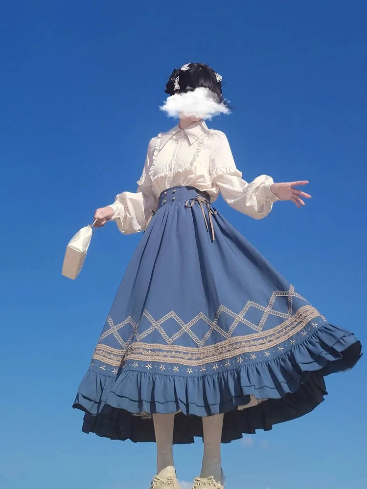 Ele Sweet Lolita Earlet Lace Trim irt Skirt Set High Waist Midi Dr Polyester Fiber Long Sve Autumn Winter Dr 2025