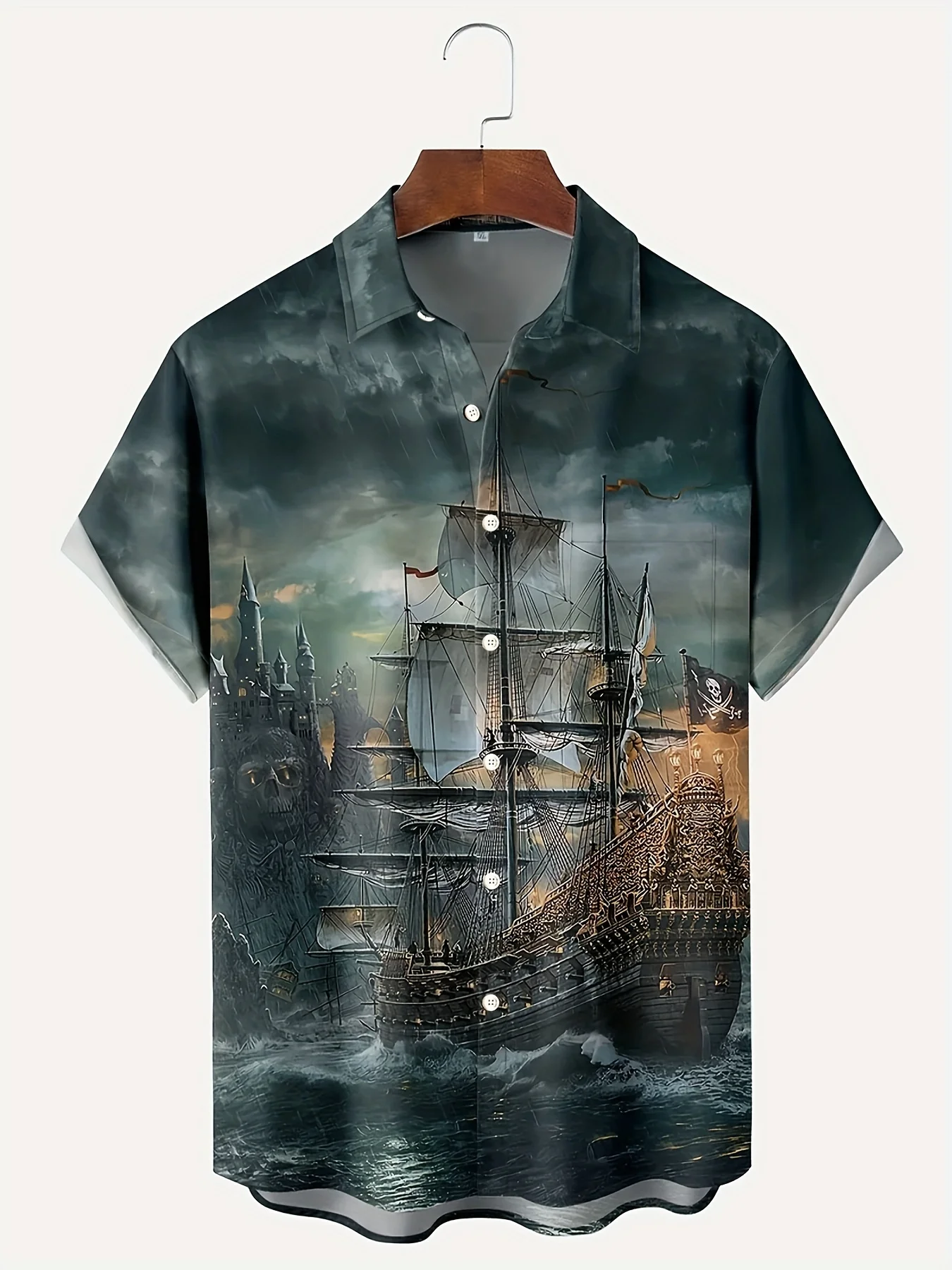 

Men's 3D Ship Print Shirt - Vintage Short Sleeve Summer Shirt with Creative Design