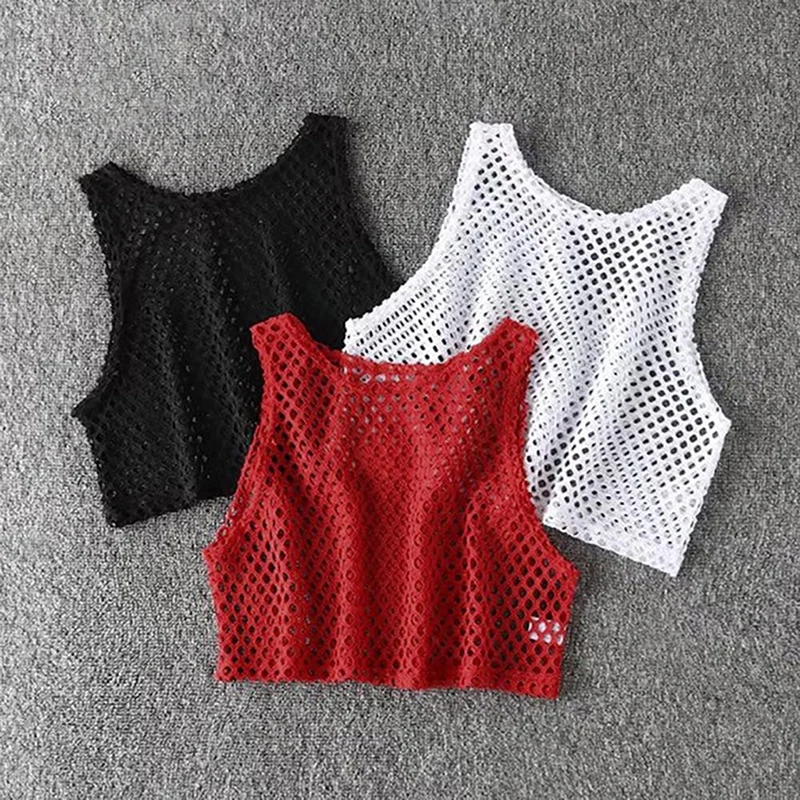 Sexy Black/Red Hollow Out Crop Top Mesh T-Shirt Female Loose Fashion Summer Basic Tops For Women Fishnet Shirt