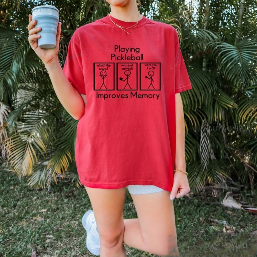 Playing Pickleball Improves Memory Funny Pickle Lover T-Shirt Fashion Loose Hip Hop Breathe Comfort Short Sleeve Women T Shirt