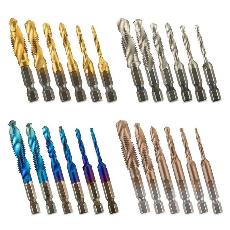 6pcs 4/5/6/8/10 Hex Shank Titanium Plated HSS Screw Thread Metric Tap Drill Bits Screw Machine Compound Tap Hand Tools