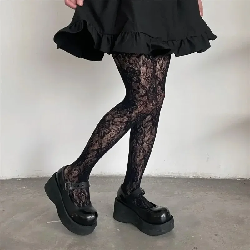 Black Flower Lolita Women Socks Classic Lace Mesh Stocking Bottomed Pantyhose Hollow Lolita Retro Floral Rattan Stocking Tights