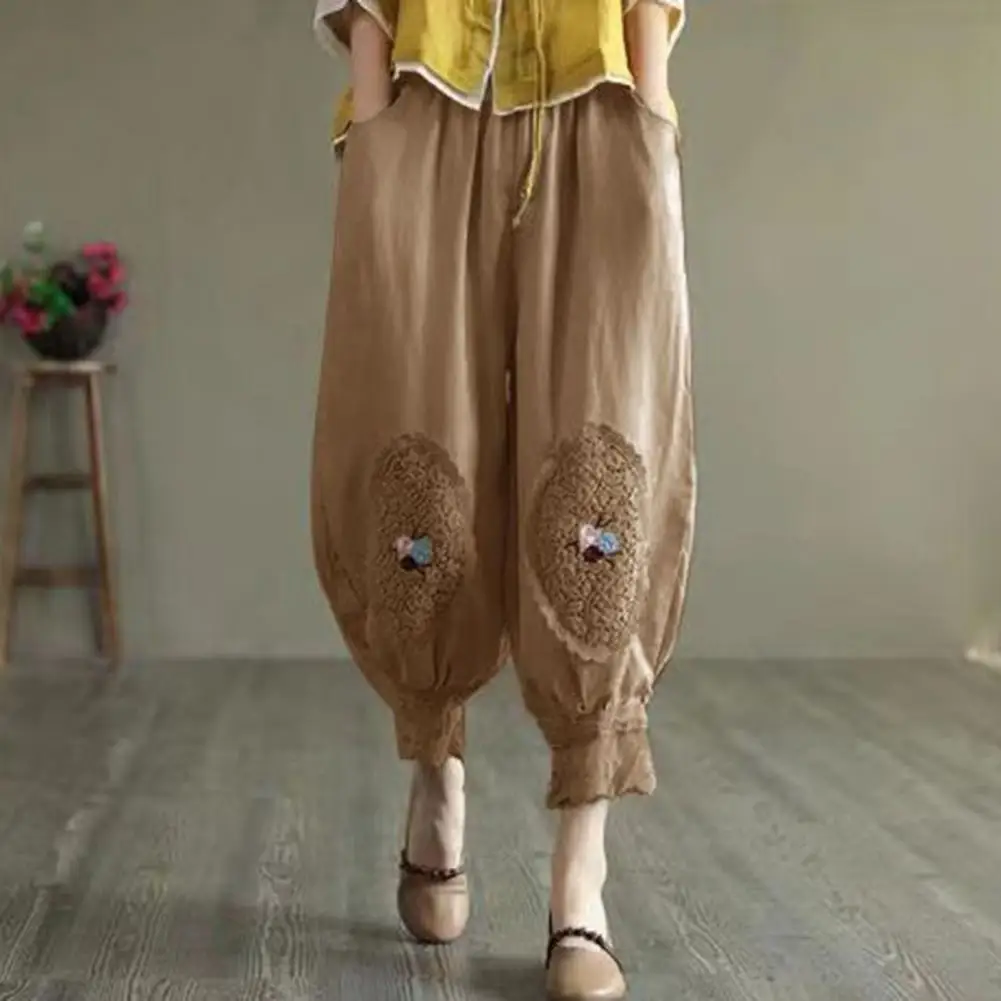 

Women Harem Pants For Summer Flower Embroidery Elastic Waist Lady Trousers With Pocket Lace Patchwork Solid Color Ninth Pants