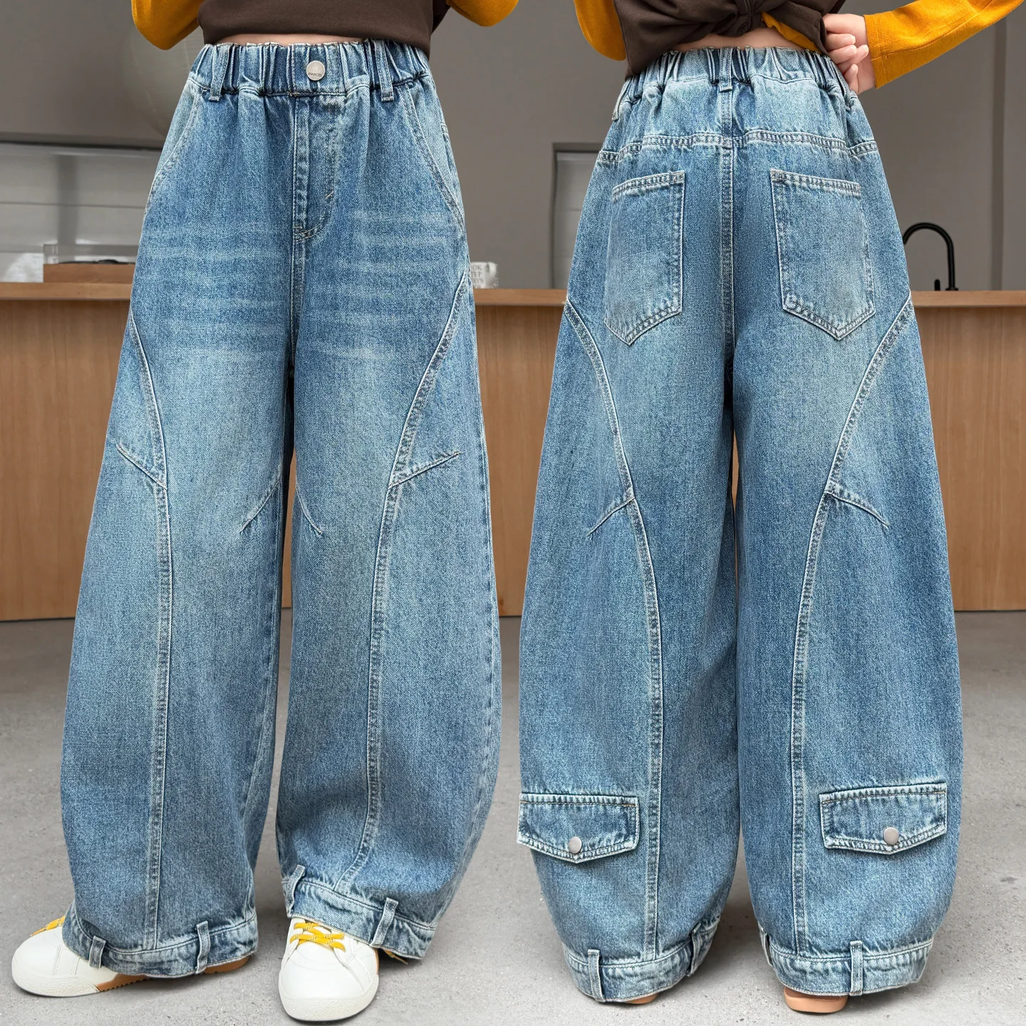 Girls' Wide-leg Jeans Pants Spring Autumn New Styles Tailored Retro Inverted Curved Knife Denim Pants Children's Fashion Trouser