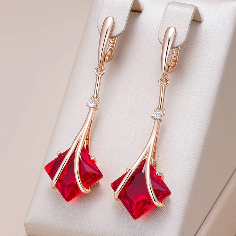 Kinel Hot Square Red Natural Zircon Long Drop Earrings for Women 585 Rose Gold Color High Quality Daily Fine Vintage Jewelry