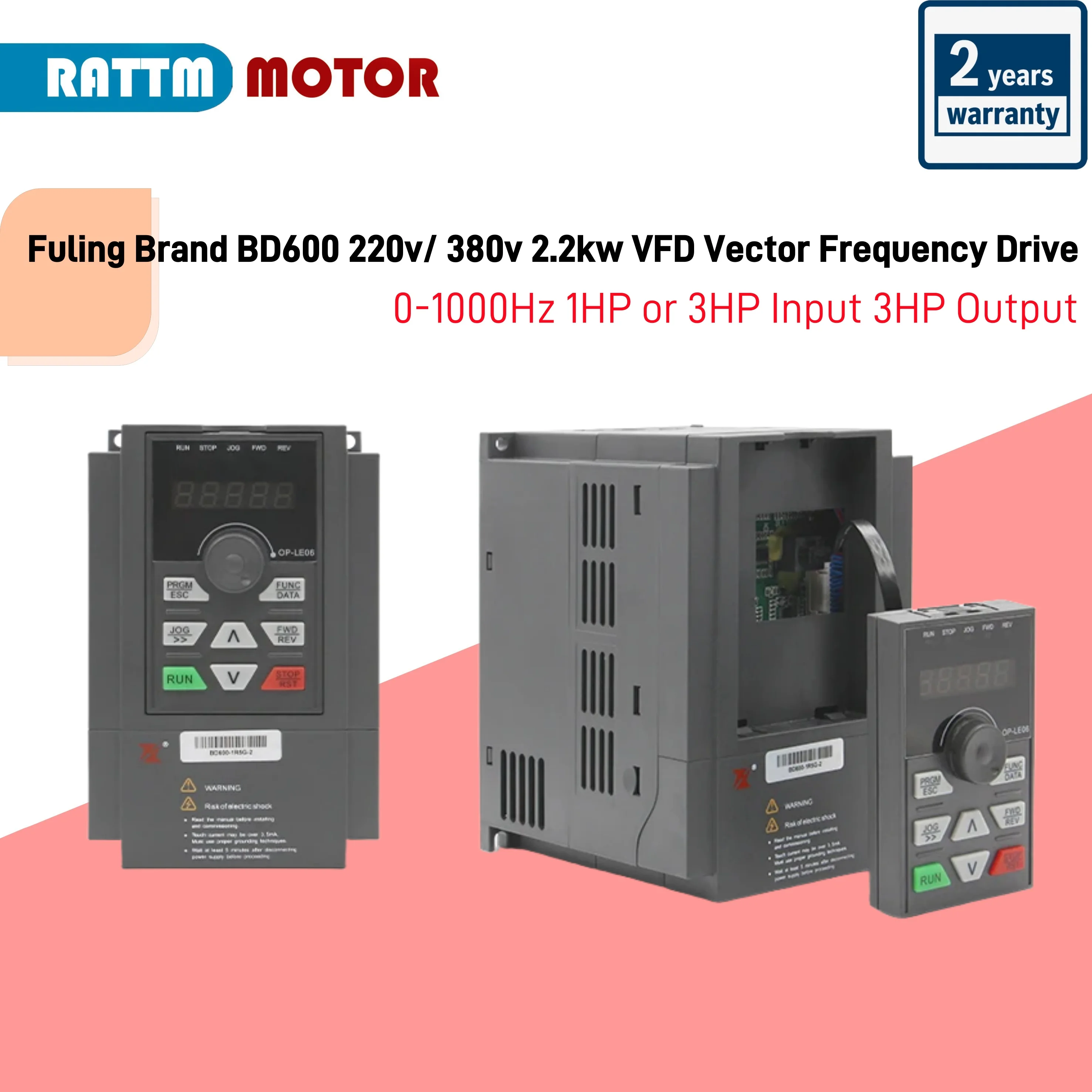 Fuling Brand BD600 220v/ 380v 2.2kw VFD Vector Frequency Drive Inverter 0-1000Hz 1HP or 3HP Input 3HP Output Motor Speed Control