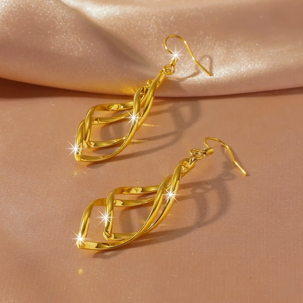 European and American 9999 24K Real Gold Creative 24k Gold Double Swirl Buckle Long Earring Simple Accessories Earrings