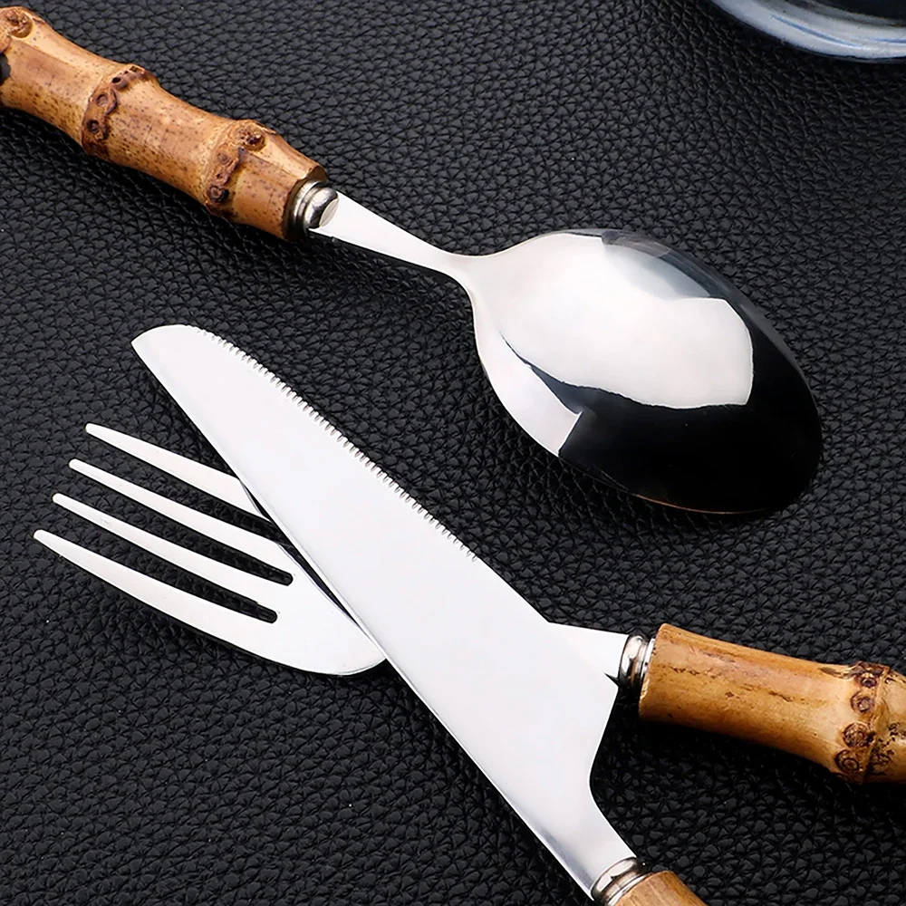 24Pcs Tableware Sets Stainless Steel Bamboo Cutlery SetPurely Natural Bamboo Handle Flatware Set Dinnerware Steak Knife Cutlery