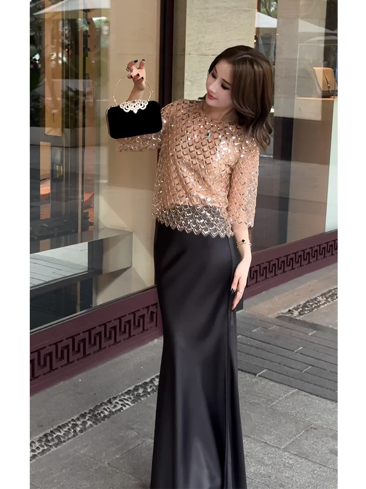 Luxury Shiny Elbow Sleeve Blouse Women Fish Scale Sequin Rhinestone O-neck Loose Tops Temperament Zipper Back Party Club