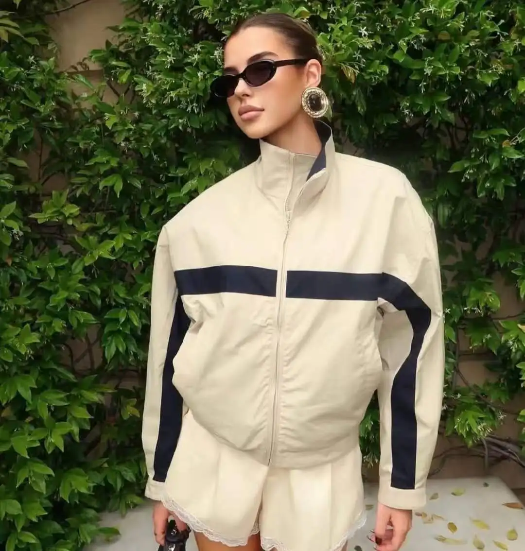 Fashion Color Blocking Loose Cropped Jacket Women Autumn Winter Zip Up Stand Collar Baseball Coats Streetwear Casual Outwear