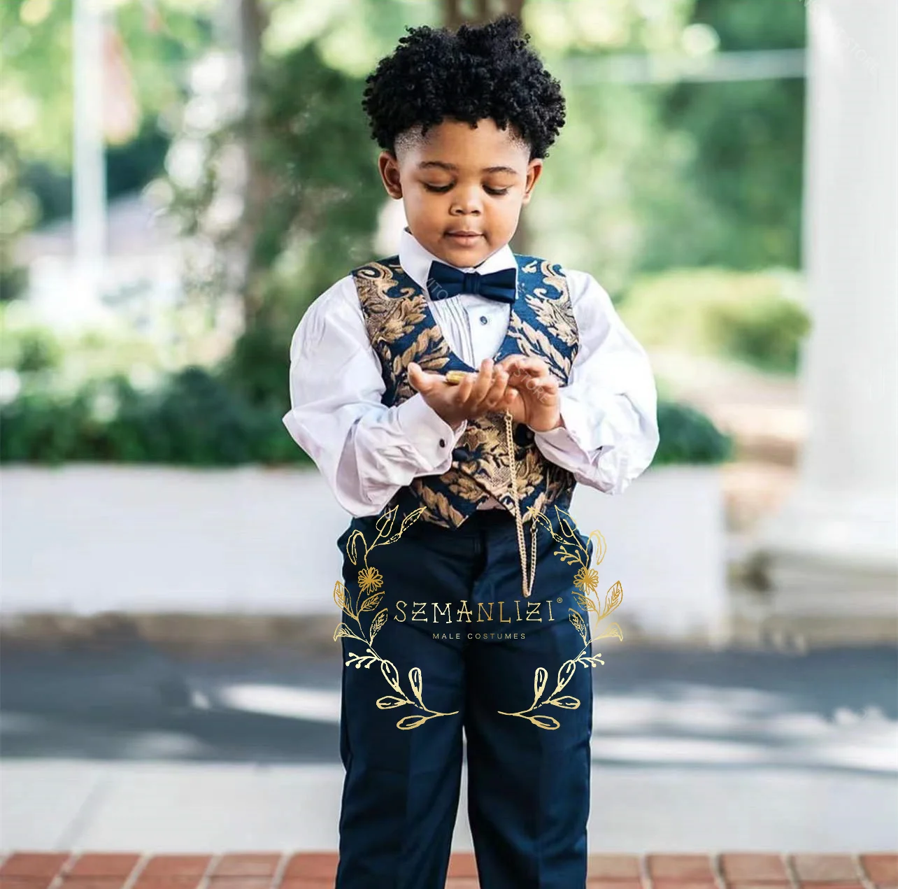 

New Floral Kid's Vest Navy Blue Pants 2 Pcs Wedding Boy Slim Fit Tuxedo Prom Party Family Suits Classic Flower Boys Clothing