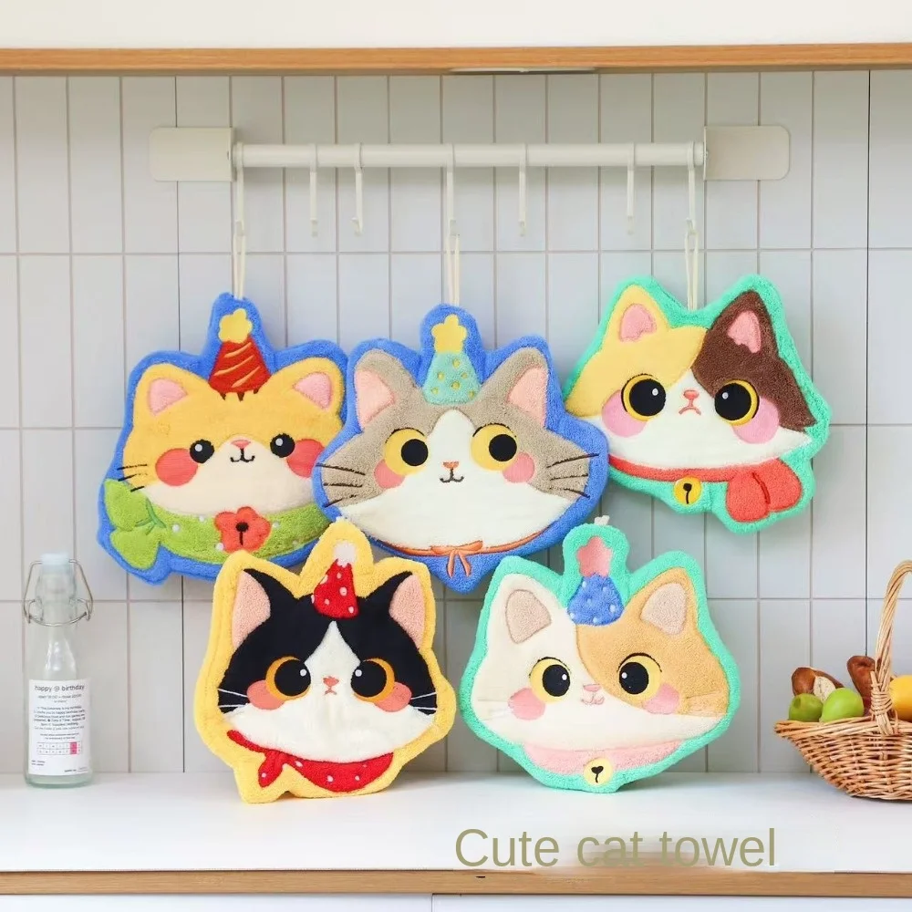 New Cute Cat Hand Towel Soft Strong Water Absorption Toilet Handkerchief Thickened Hanging Style Washcloth Kitchen