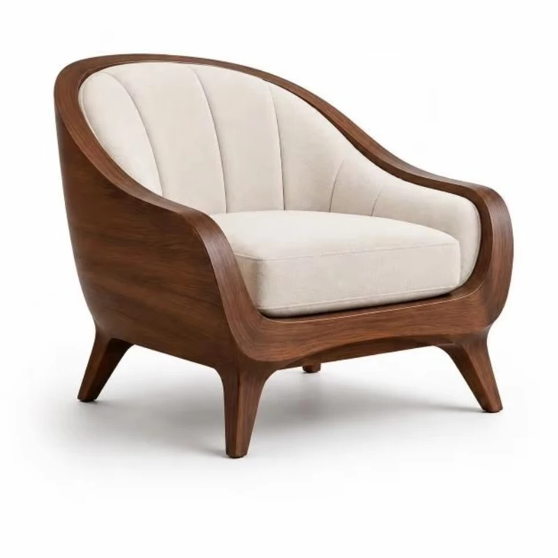 Curved armchair, brown upholstered lounge chair, carved wood frame