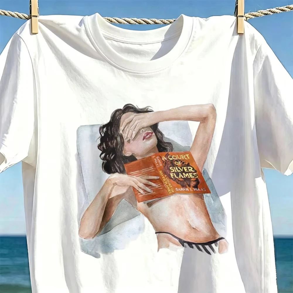 2026 A Court Of Silver Flames Beach Bikini Reading Woman Watercolor Women T-shirt Fantasy Book Lover Grap