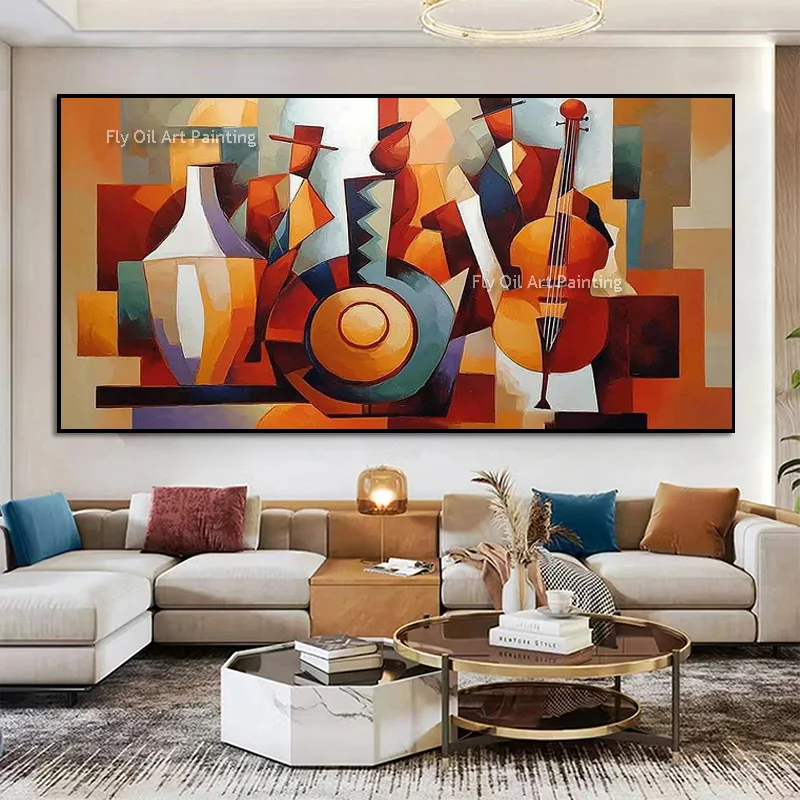 Large Multi‑color Knife Thick Canvas Cubism Oil Painting Hand Painted Musical Still Life Artwork Home Decor Items