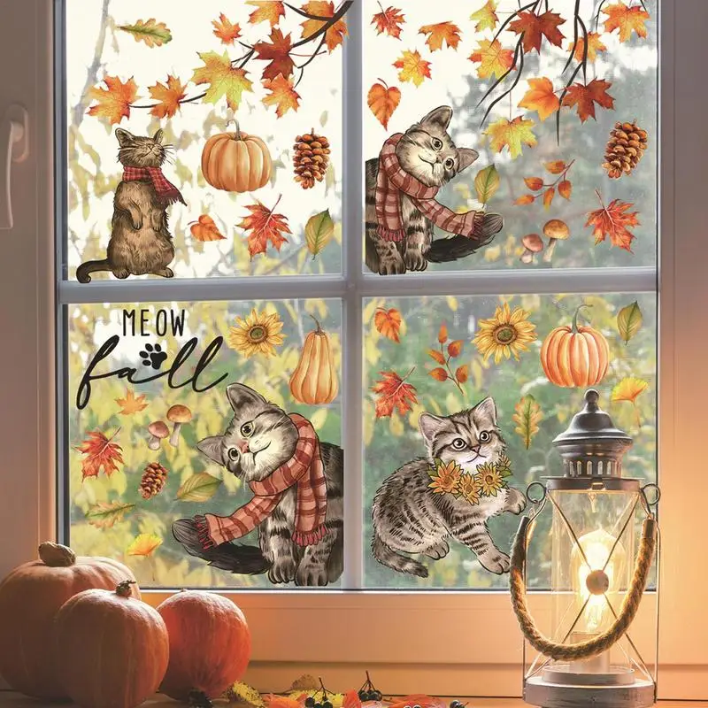 Autumn Window Stickers Pumpkin Cat Fall Clings Reusable Pumpkin Maple Leaves Sticker Decals For Shop Window Bedroom