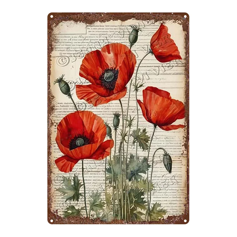 2D Flat, 1pc Vintage Red Poppy Flower Metal Wall Decor - Retro Iron Tin Sign Suitable for, Office,, Clinic - 8x12 Inch (20x30cm)
