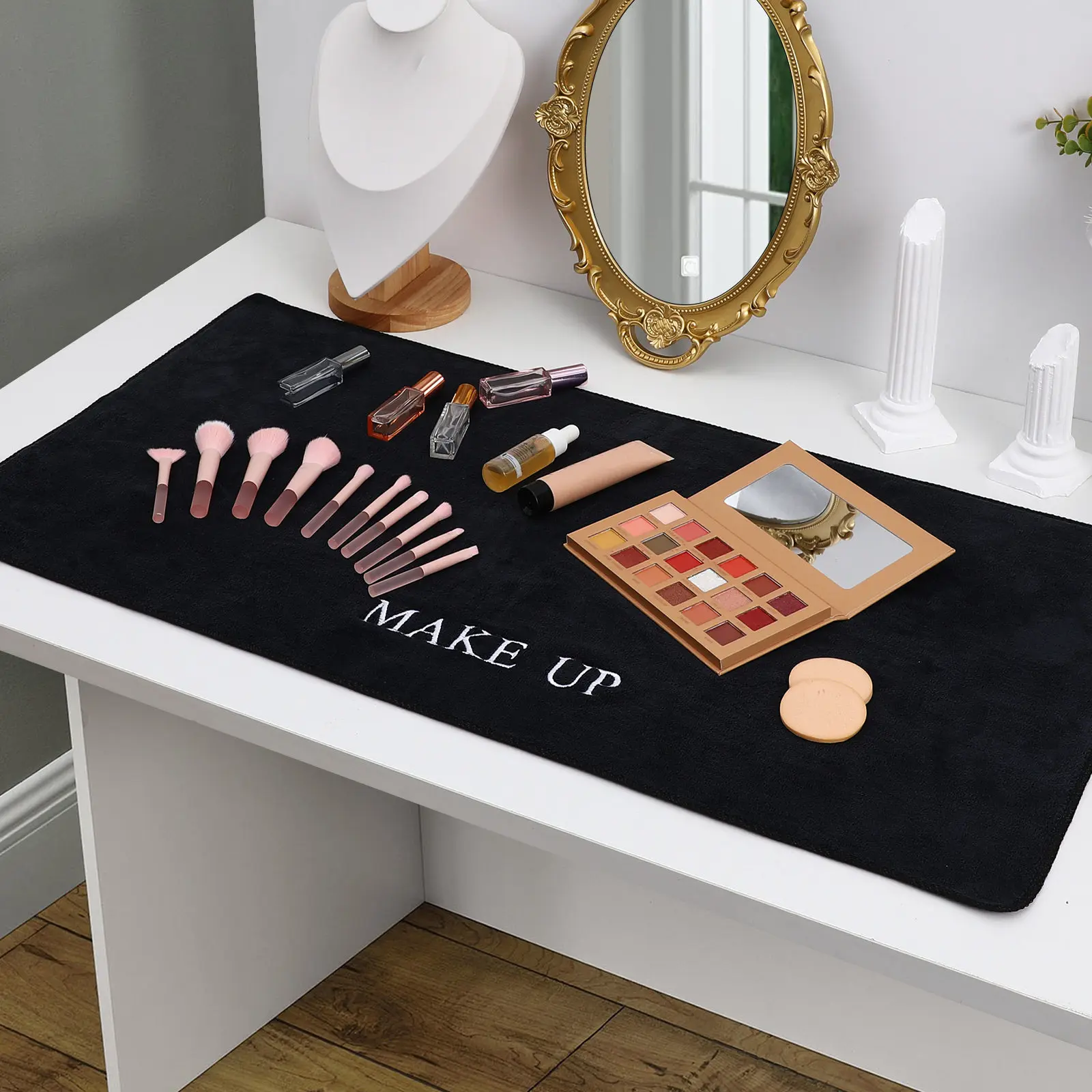 Reusable Makeup Mat for Vanity Table Soft Cloth Surface Non Slip Base Elegant Design Easy Clean Mat for Bedroom Bathroom