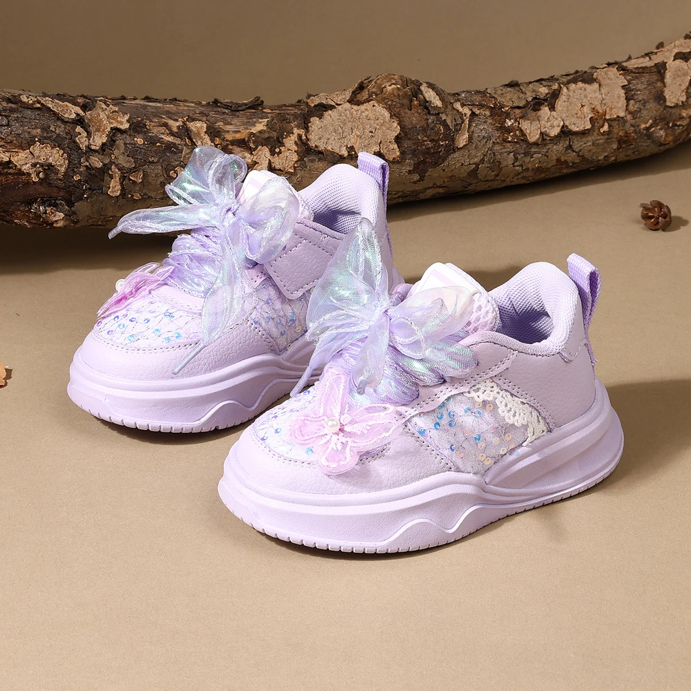 2025 New Spring Children Shoes For Girls Leather Cute Butterfly Lace Kids Outdoor Tennis Soft Sole Fashion Kids Sneakers