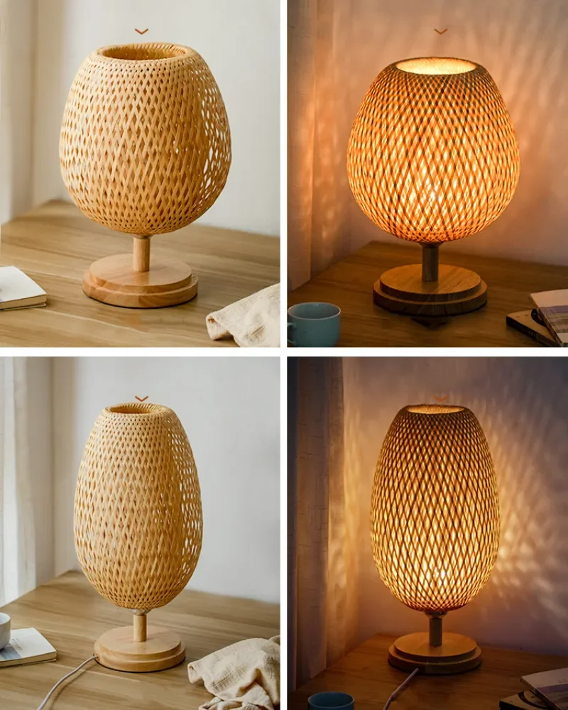 Modern Hand Knitted Weaving Bamboo Table Lamp Bedroom Bedside Lamp Wood Rattan Lampshade Room Home Decor Art Desk Light