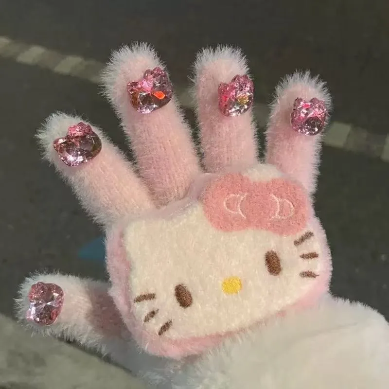 ถุงมือซานริโอ้ เฮลโล คิตตี้ แบบหนาสำหรับฤดูหนาว ถุงมือแบบไม่มีนิ้วลายการ์ตูน ถุงมือแบบนิ้วเปิด นุ่ม ยืดหยุ่น สวมใส่สบาย ถุงมือสำหรับปั่นจักรยาน