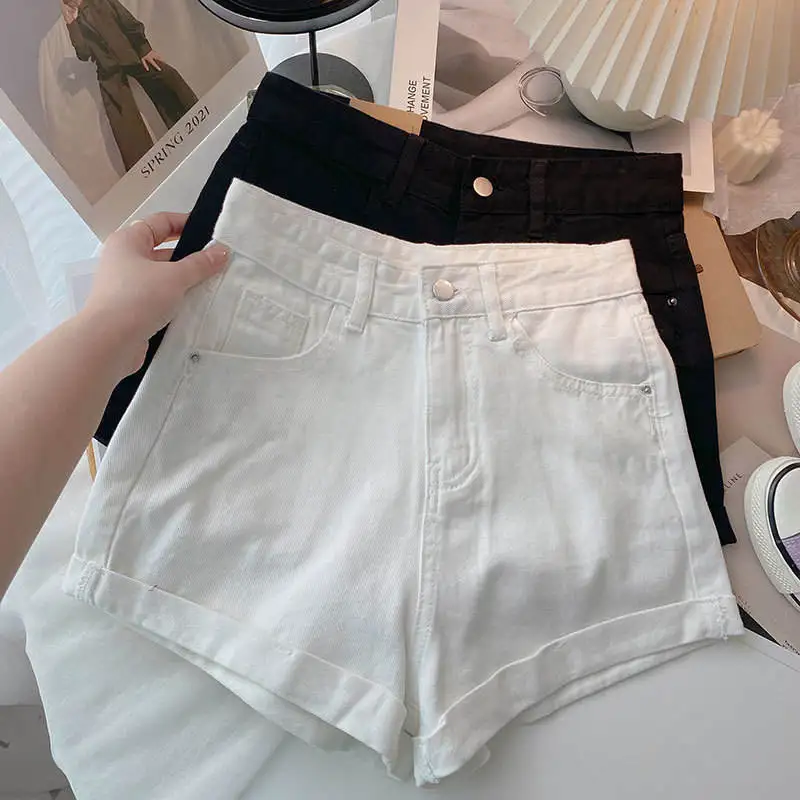 White High Waist Wide Leg Short Jeans Women's Loose Fit Summer Casual Roll up Hem Thinming Hot Pants Korean Style
