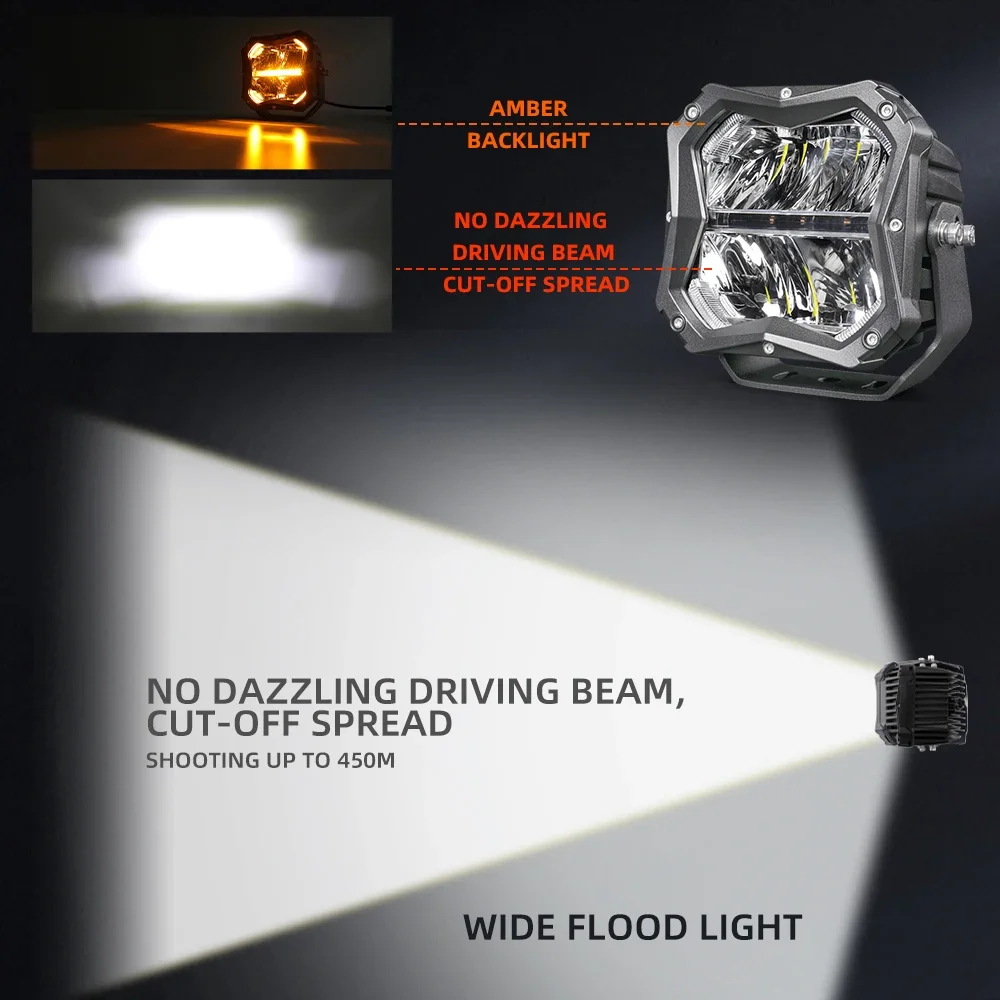 Super Bright Newest Square 4X4 Off Road Trucks 5 Inch Led Driving Lights With Amber DRL Backlit