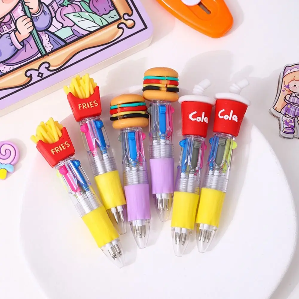 Kawaii Hamburger Cartoon 4-Color Pen Fries Ice Cream Colorful Ink Gel Pen Short Handle Cola Multicolored Pen School Office