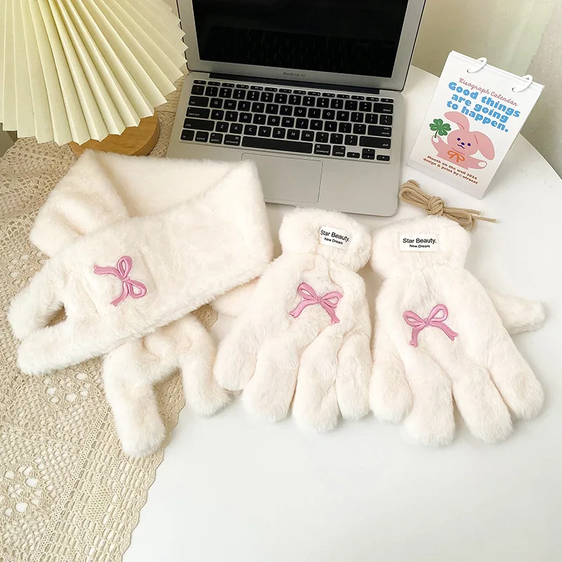 Plush Bow Gloves Scarf Set Winter Warm Padded Thickened Cute Split Finger Gloves Korea Women Women JK Gloves for Outdoor Riding