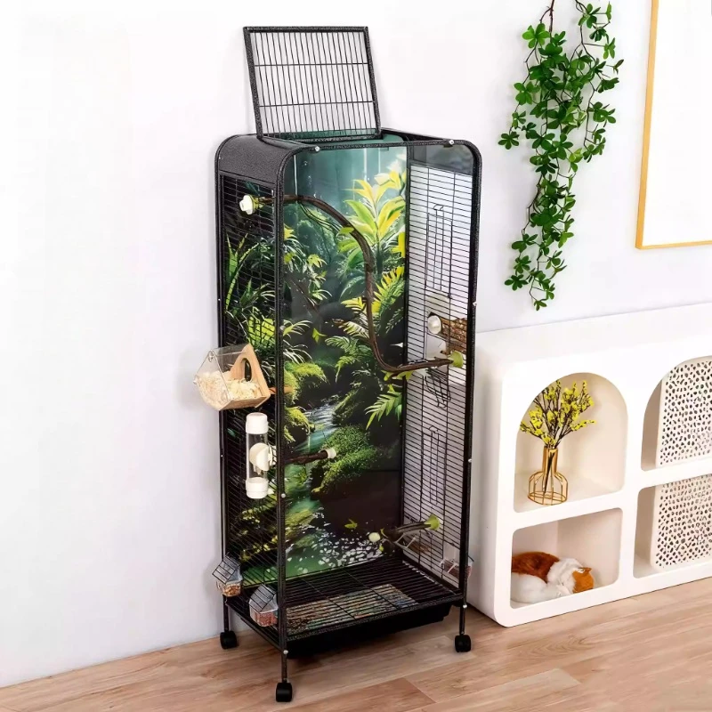 Metal Bird Cage Large Wheeled Transparent Cabinet-type Parrot Cage Interior Budgerigar Cockatiel Nest with Drawer Bird House