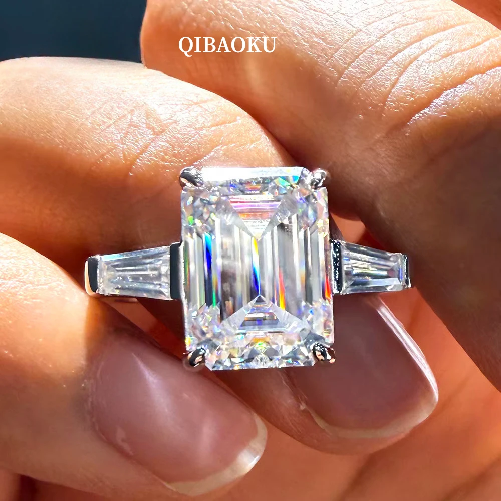 QIBAOKU 3-Stone Emerald Moissanite Ring 100% S925 Silver Tapered Baguette Shape Diamond for Women Wedding Band Fine Jewelry 2026