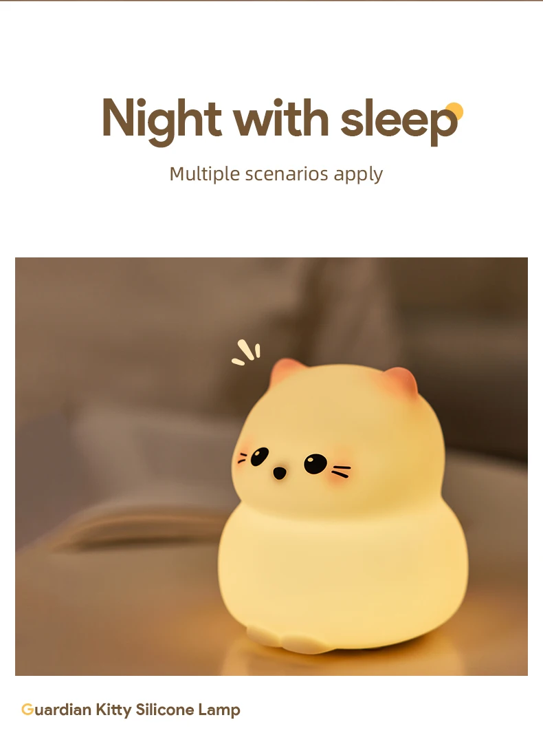 Guardian Kitty Silicone LED Night Lights USB Rechargeable Sleep Night Lamp Timing Bedside Room Decor Kids Baby Nightlight Gift