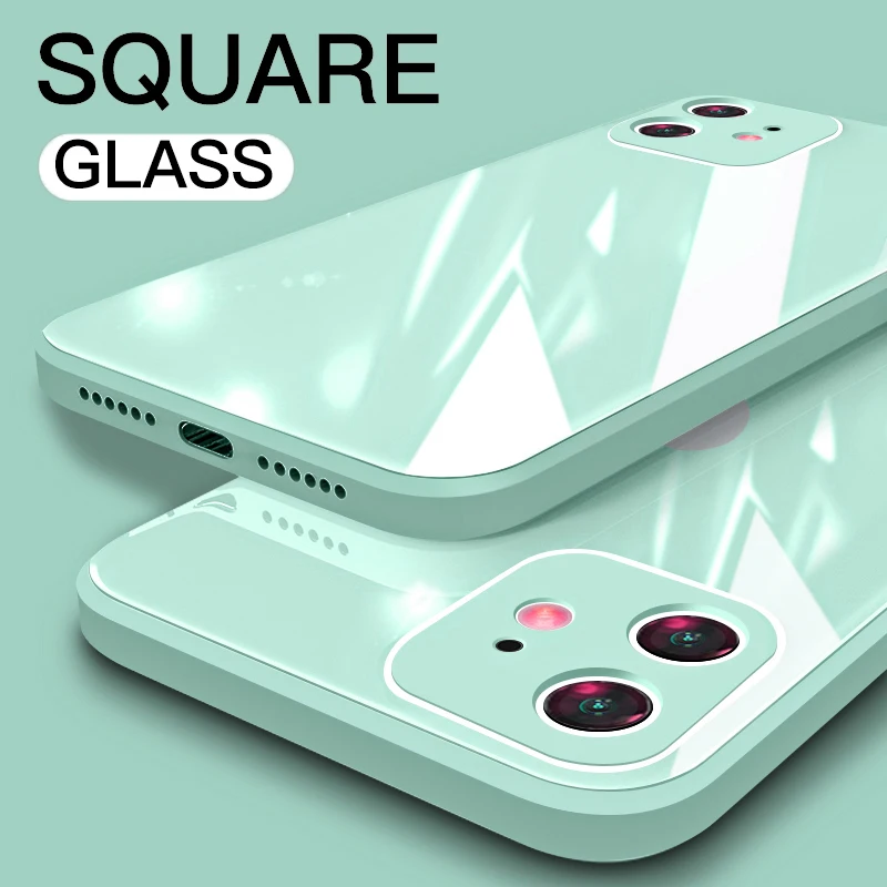 Liquid Square Tempered Glass For iPhone 14 13 12 11 11 12 Pro Max XR XS X 8 7 Plus SE 2020 Case Shockproof Soft Frame Back Cover