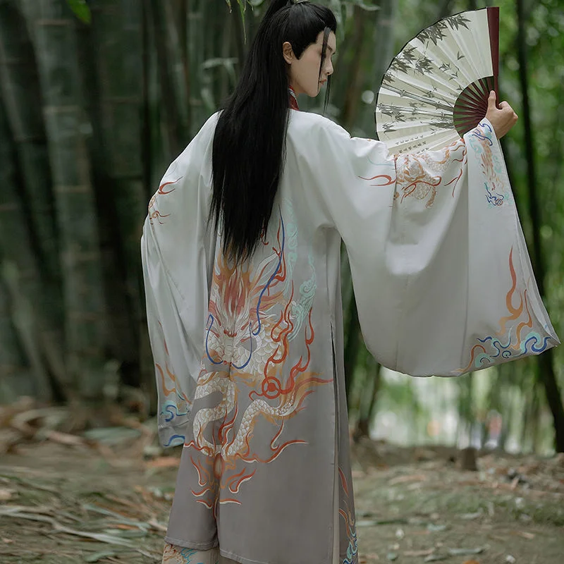 Conjunto estampado hanfu masculino, manga grande, colarinho cruzado, hanfu, estilo wei jin, cavaleiro estudantil, performance de palco, novo estilo chinês, primavera