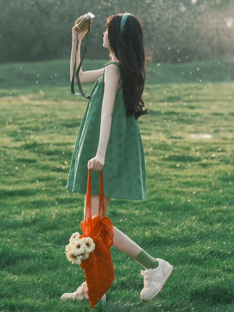 Grünes Kleid mit Blumendruck, Rundhalsausschnitt, ärmellos, A-Linie, lockeres Kleid, Wald-Pastoral-Stil, einzigartiges, atemberaubendes, hübsches Leibchenkleid