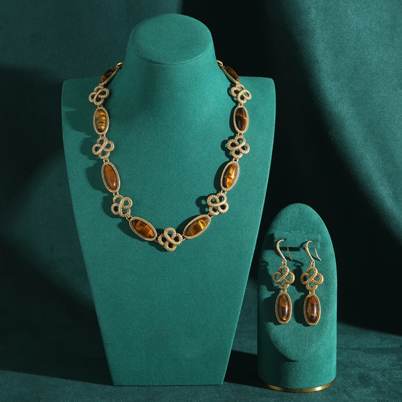 

Vintage Tiger's Eye Stone Necklace Earring Jewelry Sets Antique Gold Color Luxury High Quality Natural Collar Accessories 2026